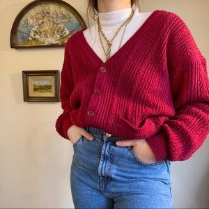 red knit cardigan